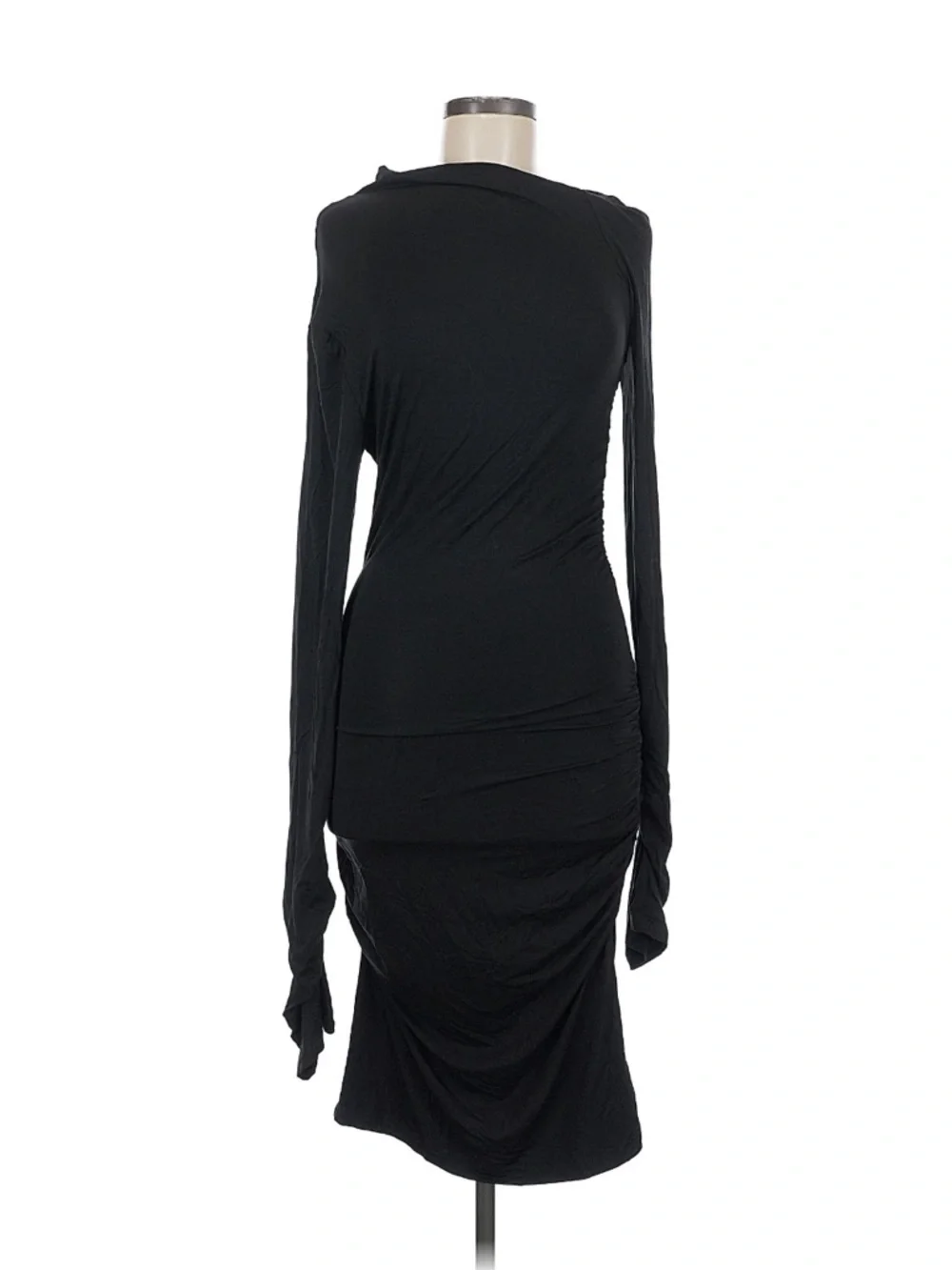 SNDYS Black Ruched Bodycon Midi Dress Long Sleeve Open Back Size Medium